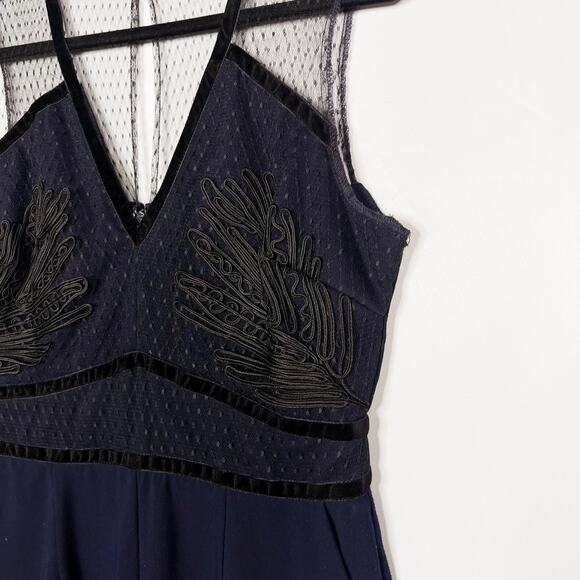 Harlyn Large L Navy Blue Black Lace Illusion Neck Jumpsuit Sleeveless Overlay - Picture 7 of 12